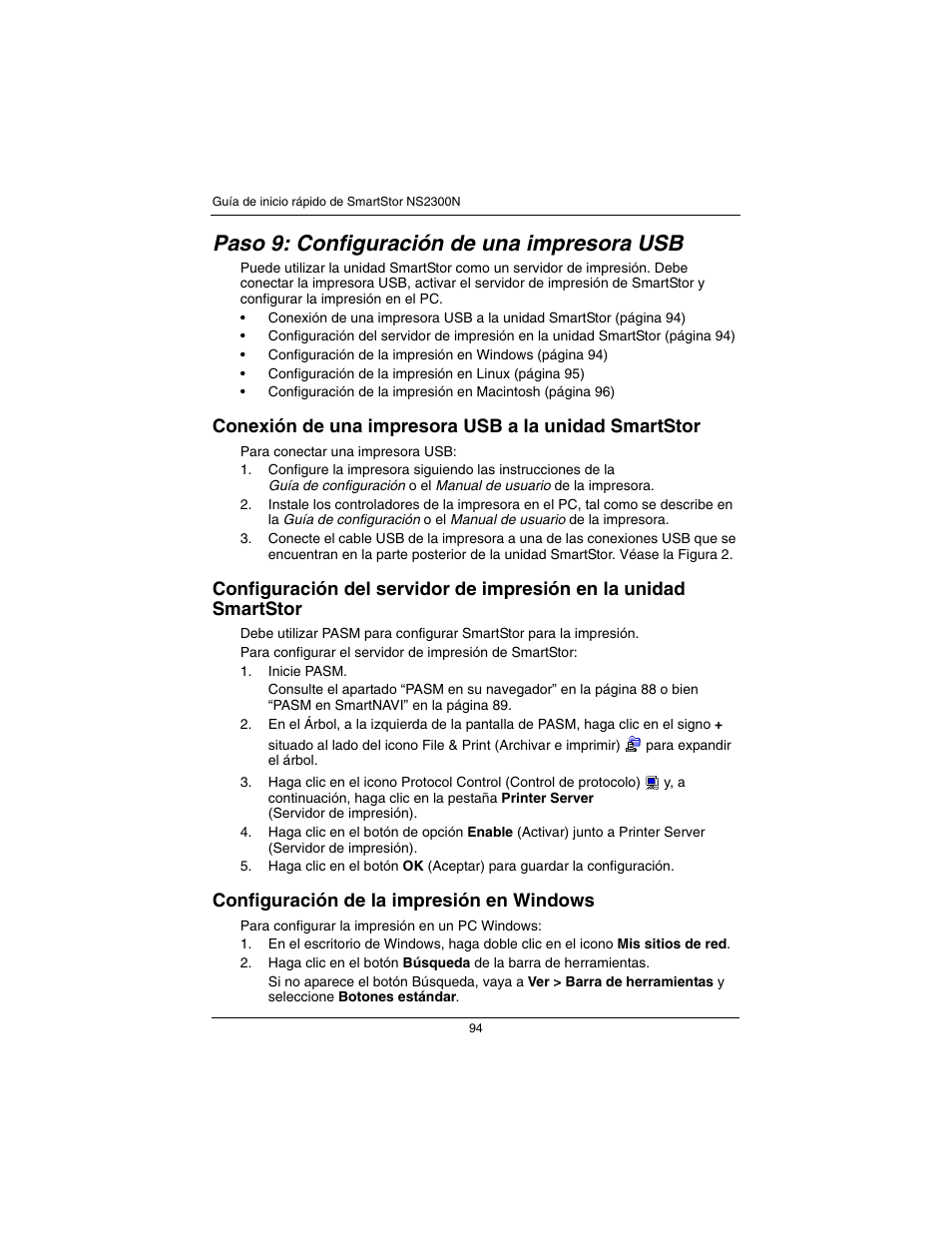 Paso 9: configuración de una impresora usb, Configuración de la impresión en windows | Promise Technology SmartStor NS2300N User Manual | Page 94 / 191