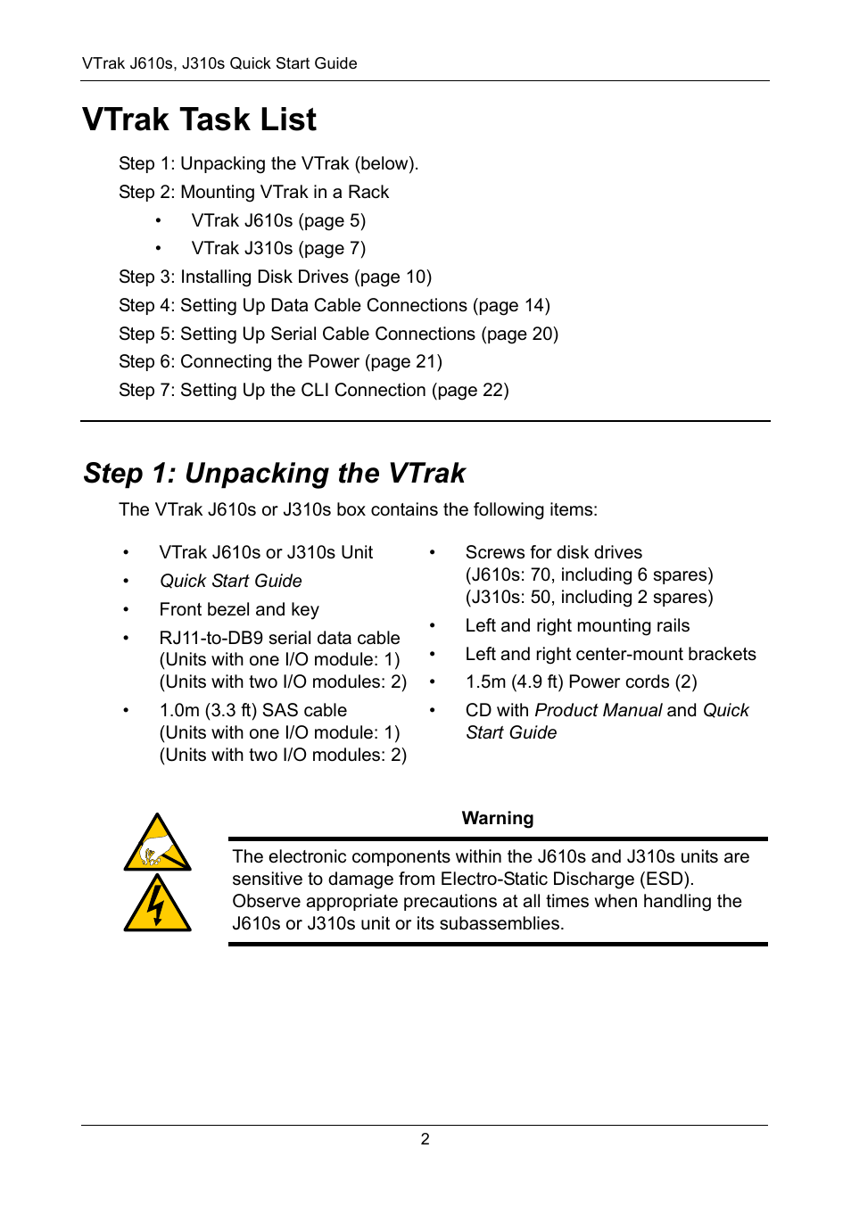 Vtrak task list, Step 1: unpacking the vtrak | Promise Technology VTrak J610S User Manual | Page 2 / 26