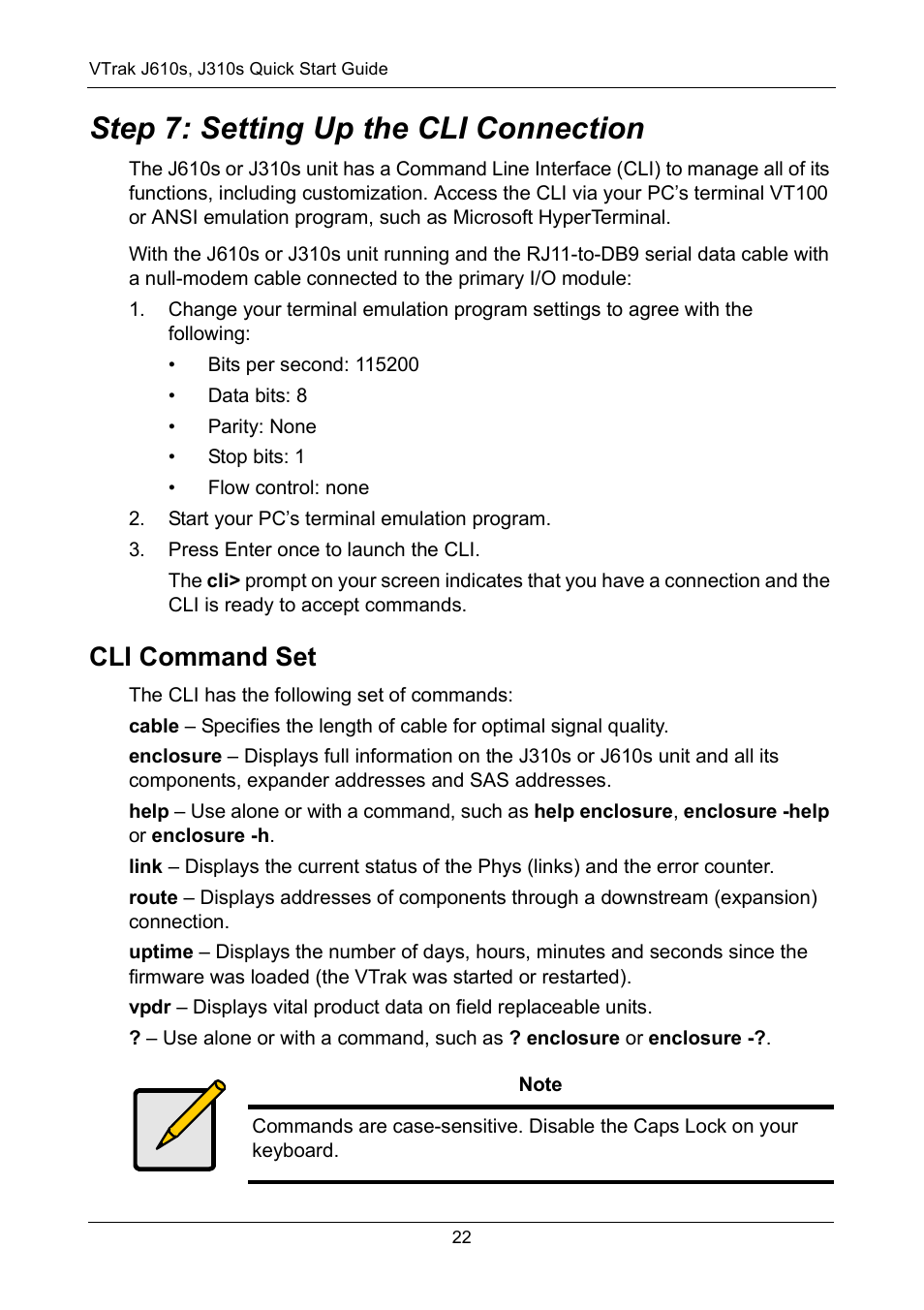 Step 7: setting up the cli connection, Cli command set | Promise Technology VTrak J610S User Manual | Page 22 / 26