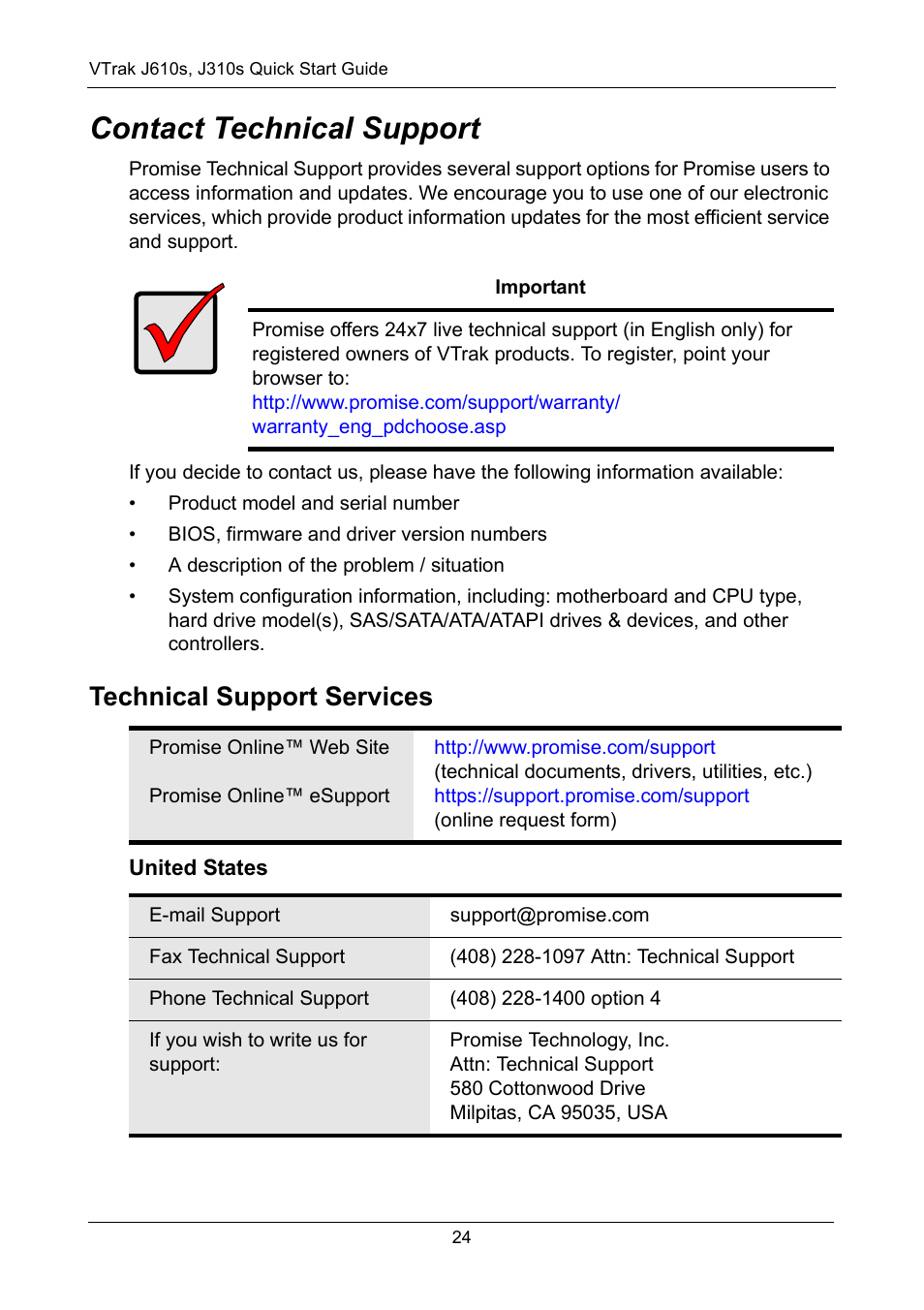 Contact technical support, Technical support services, United states | Promise Technology VTrak J610S User Manual | Page 24 / 26