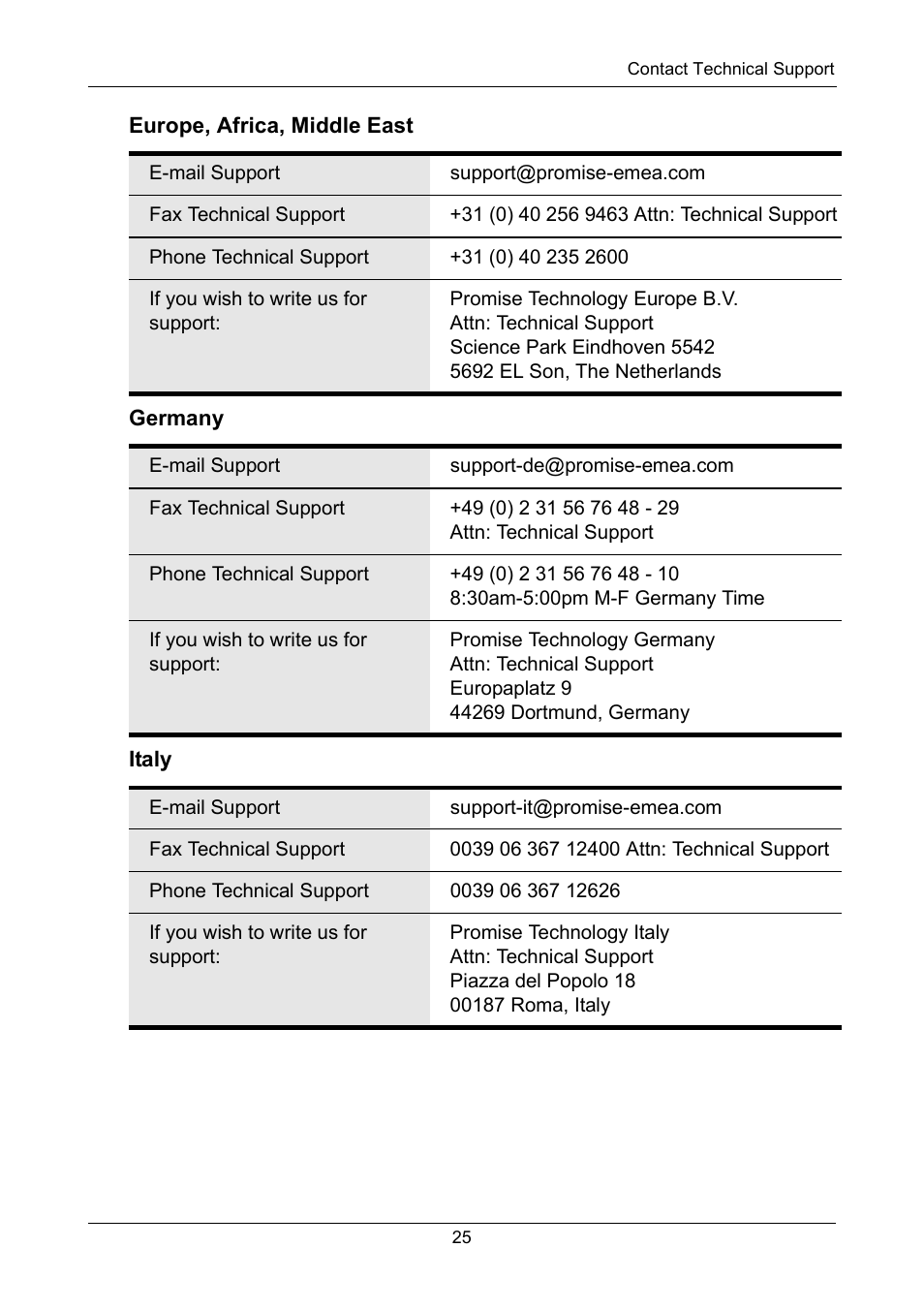 Europe, africa, middle east, Germany, Italy | Promise Technology VTrak J610S User Manual | Page 25 / 26