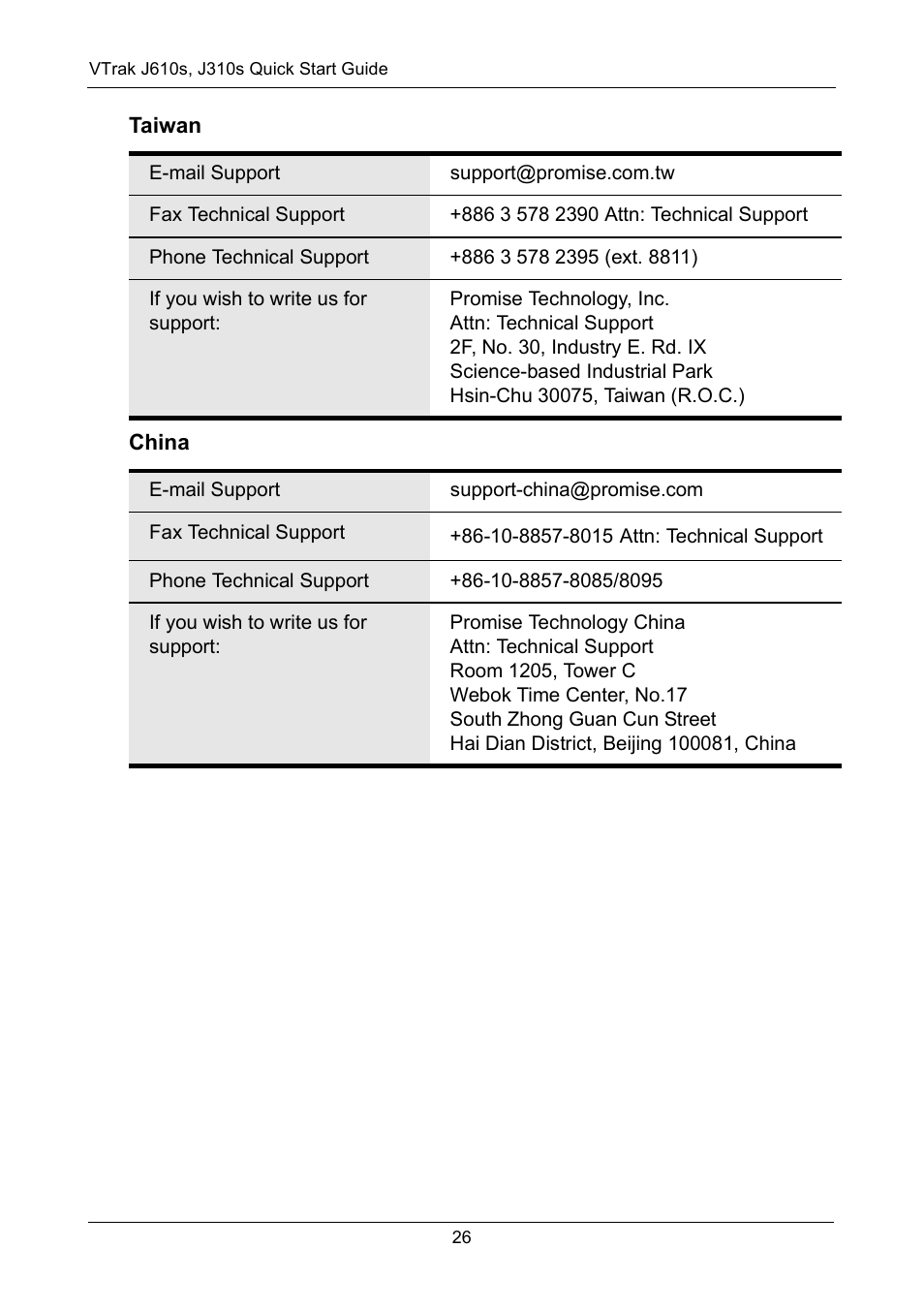 Taiwan, China | Promise Technology VTrak J610S User Manual | Page 26 / 26