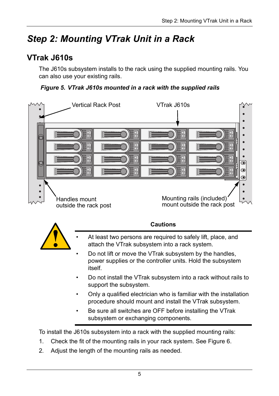 Step 2: mounting vtrak unit in a rack, Vtrak j610s | Promise Technology VTrak J610S User Manual | Page 5 / 26