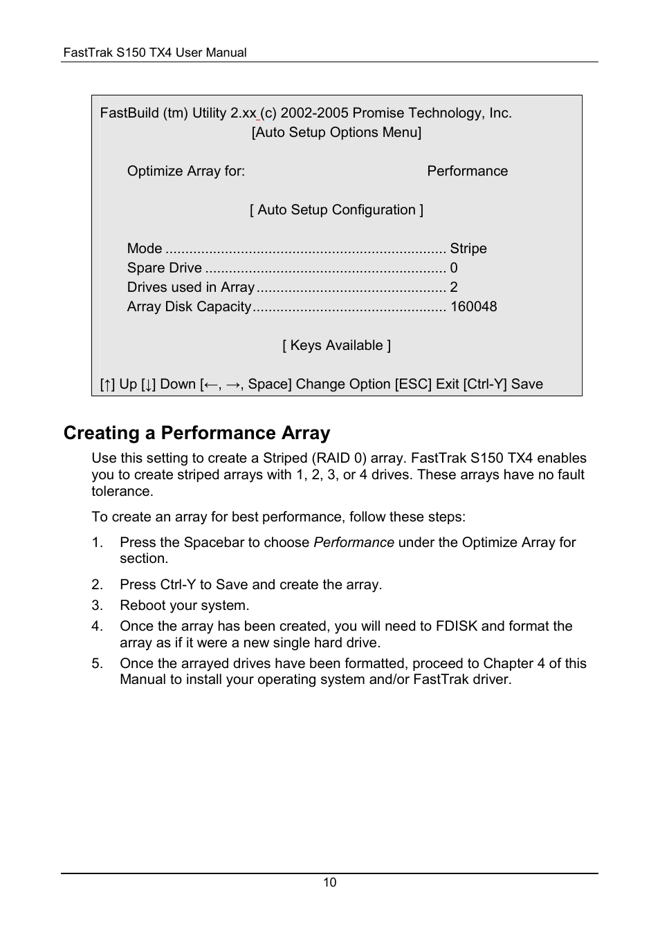 Performance array, Creating a performance array | Promise Technology FastTrak S150 User Manual | Page 14 / 74