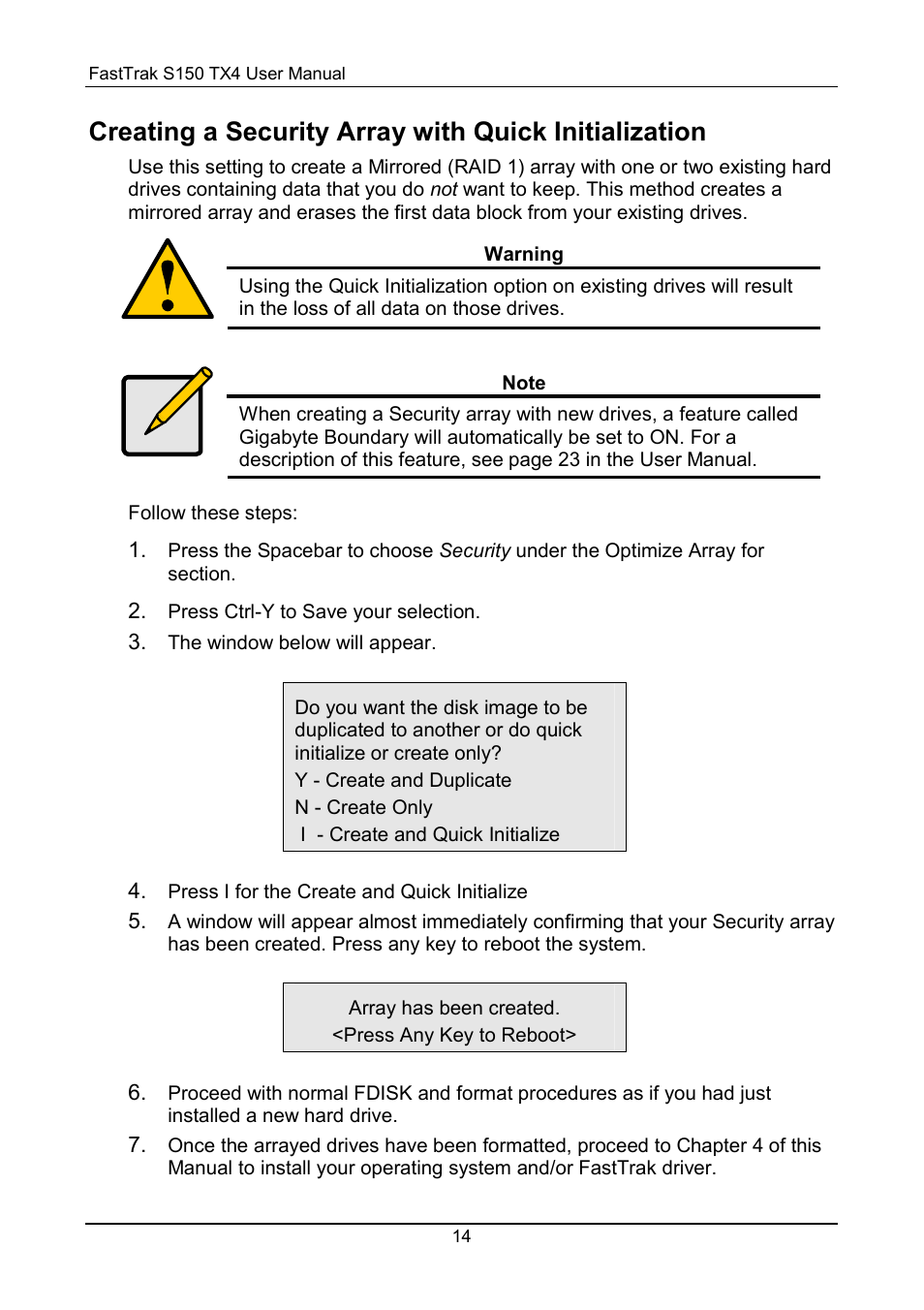 Security array with quick initialization | Promise Technology FastTrak S150 User Manual | Page 18 / 74