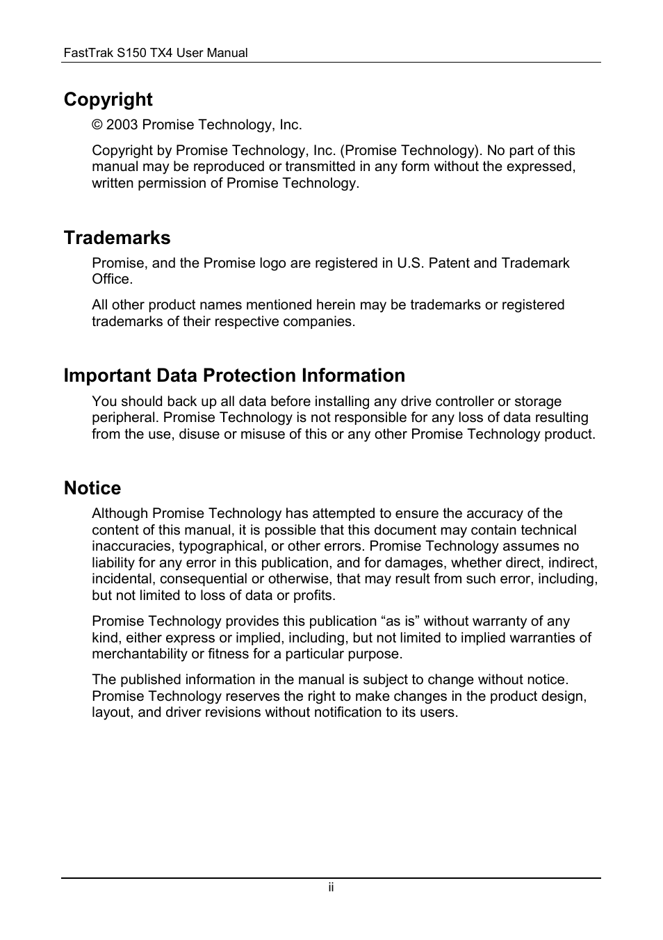 Notices, Copyright, Trademarks | Important data protection information, Notice | Promise Technology FastTrak S150 User Manual | Page 2 / 74