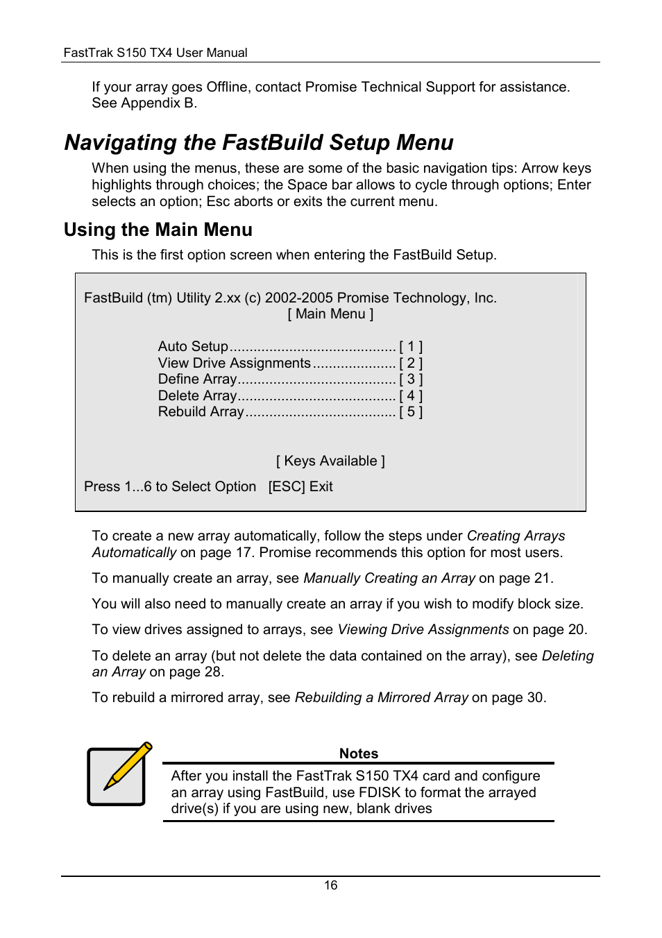 Fastbuild setup menu, Main menu, Navigating the fastbuild setup menu | Using the main menu | Promise Technology FastTrak S150 User Manual | Page 20 / 74