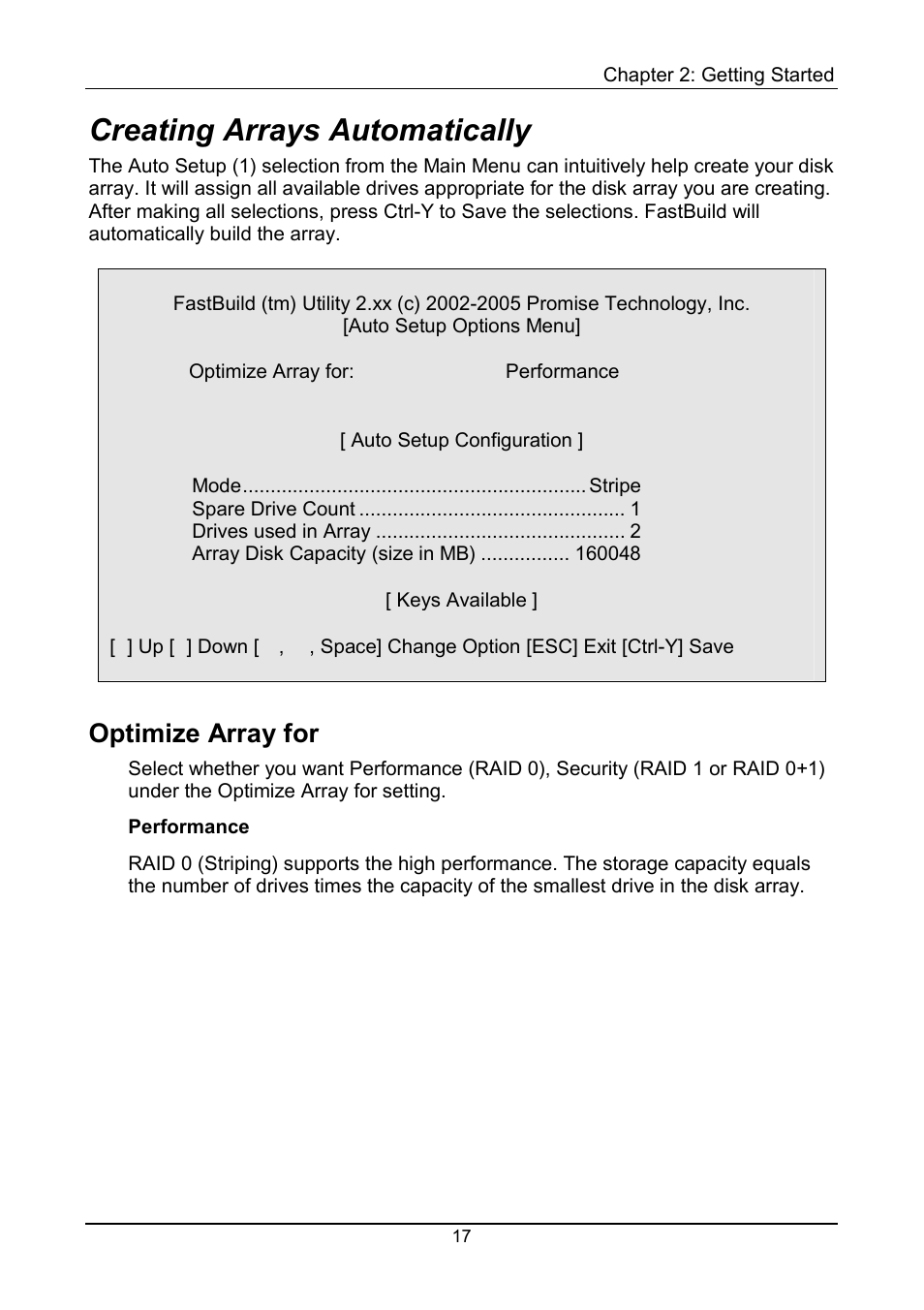 Creating arrays automatically, Performance, Optimize array for | Promise Technology FastTrak S150 User Manual | Page 21 / 74