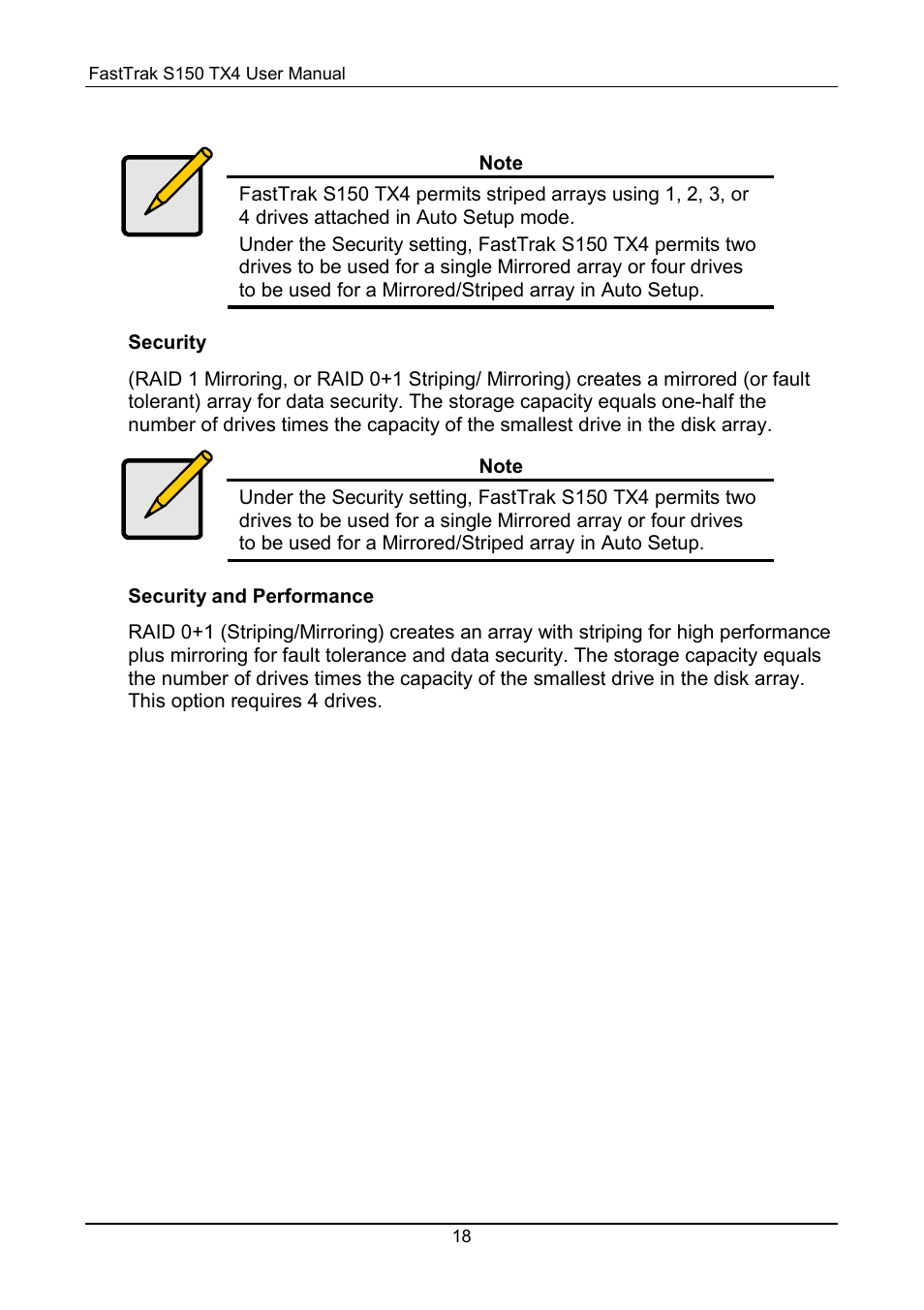 Security, Security and performance | Promise Technology FastTrak S150 User Manual | Page 22 / 74