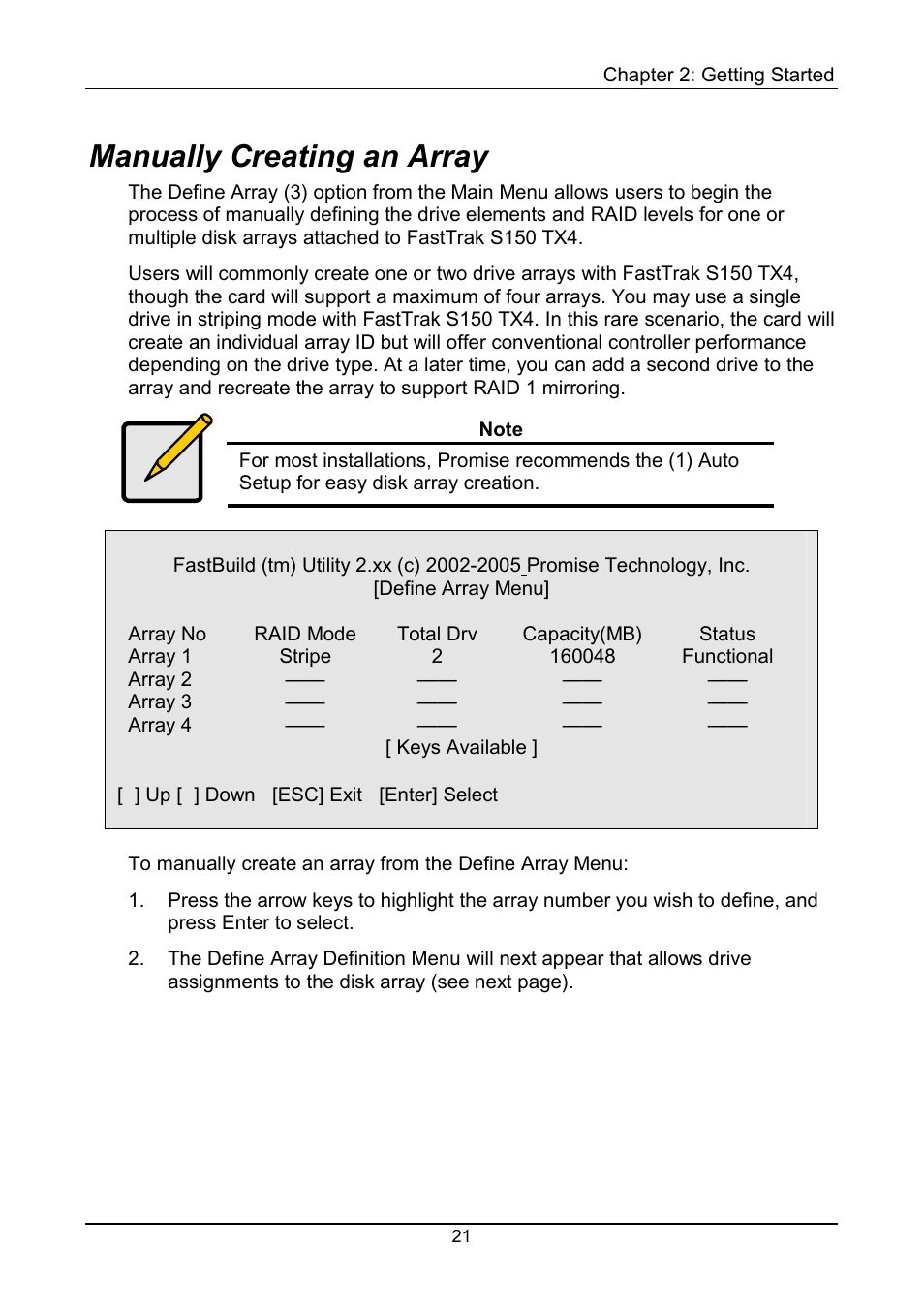 Manually creating an array | Promise Technology FastTrak S150 User Manual | Page 25 / 74