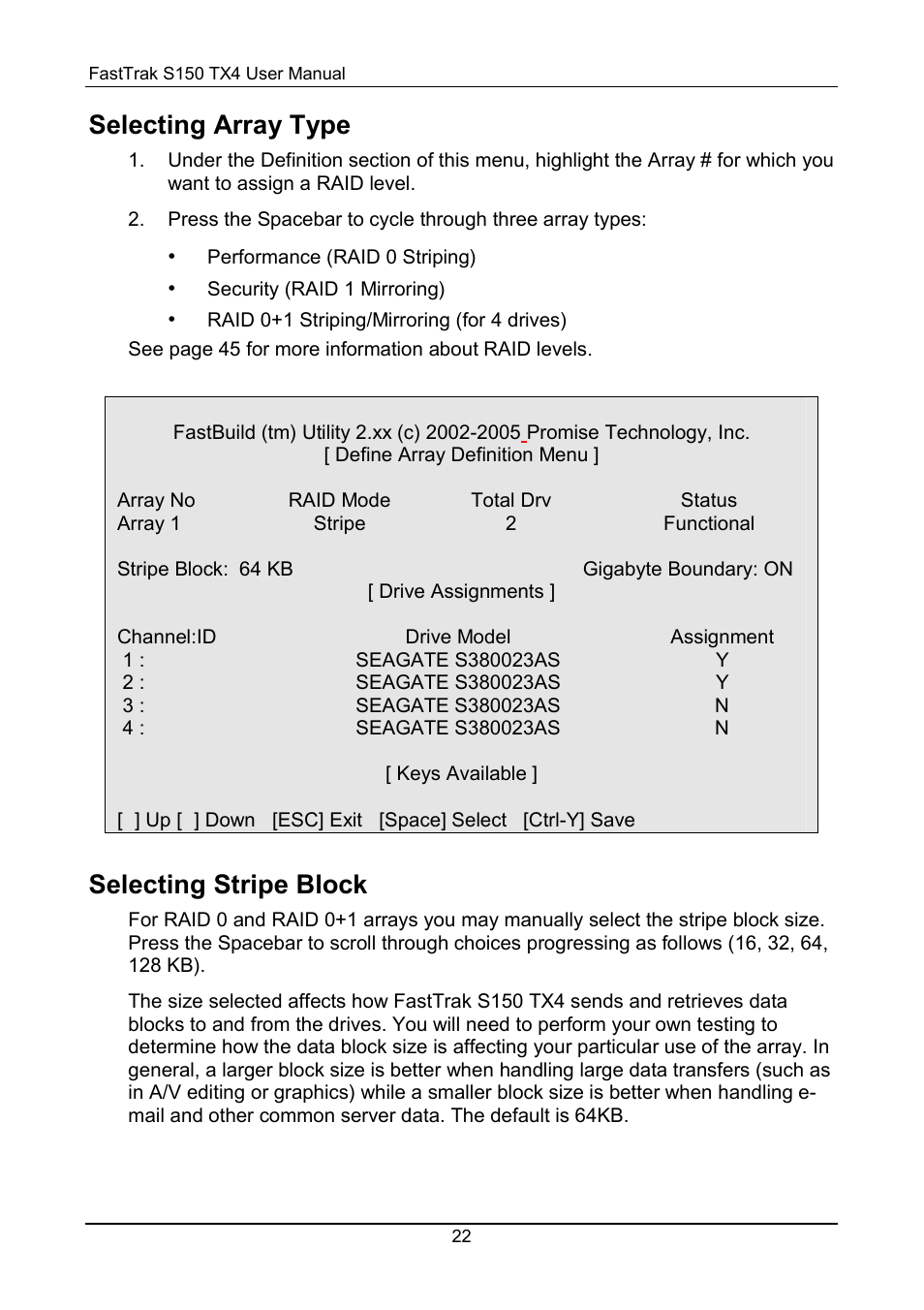 Array type, Stripe block, Selecting array type | Selecting stripe block | Promise Technology FastTrak S150 User Manual | Page 26 / 74