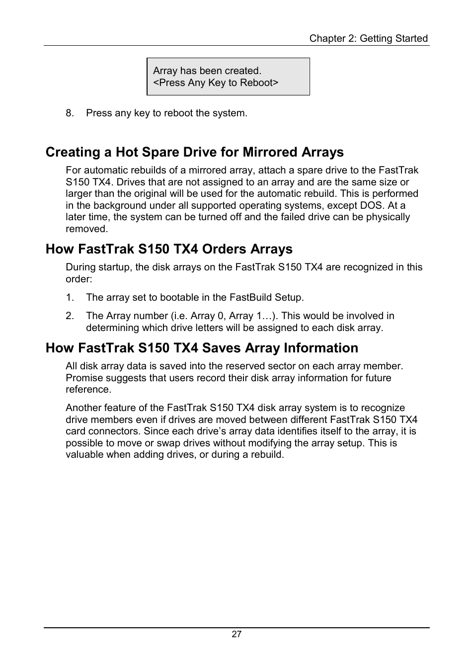 Hot spare drive, How fasttrak orders arrays, How fasttrak saves array information | Creating a hot spare drive for mirrored arrays, How fasttrak s150 tx4 orders arrays, How fasttrak s150 tx4 saves array information | Promise Technology FastTrak S150 User Manual | Page 31 / 74