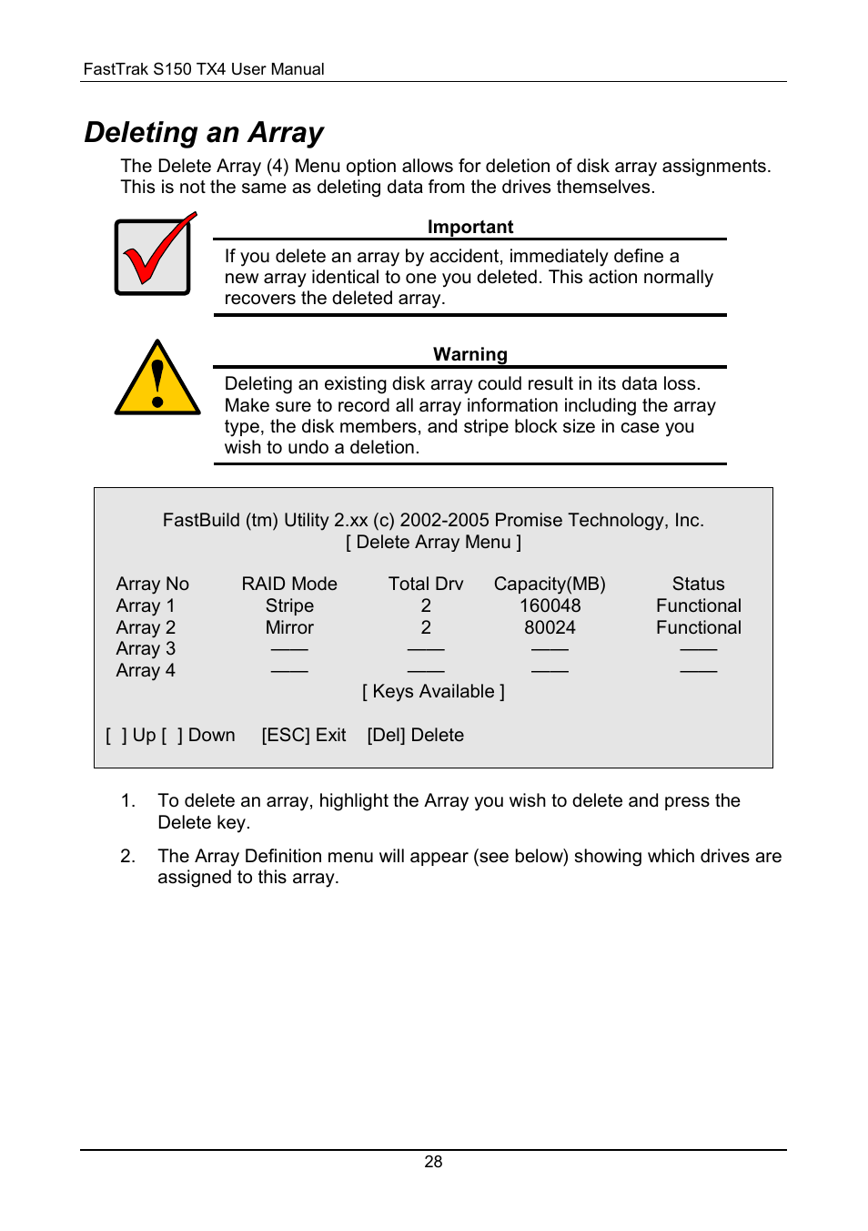 Deleting an array | Promise Technology FastTrak S150 User Manual | Page 32 / 74