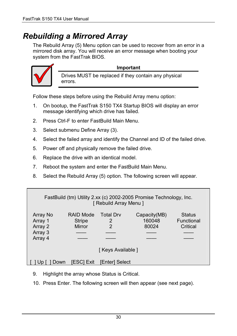 Rebuilding a mirrored array | Promise Technology FastTrak S150 User Manual | Page 34 / 74