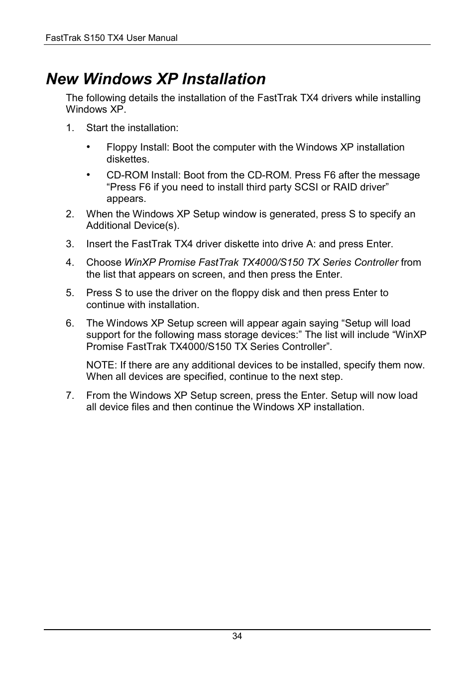 Windows xp, New windows xp installation | Promise Technology FastTrak S150 User Manual | Page 38 / 74