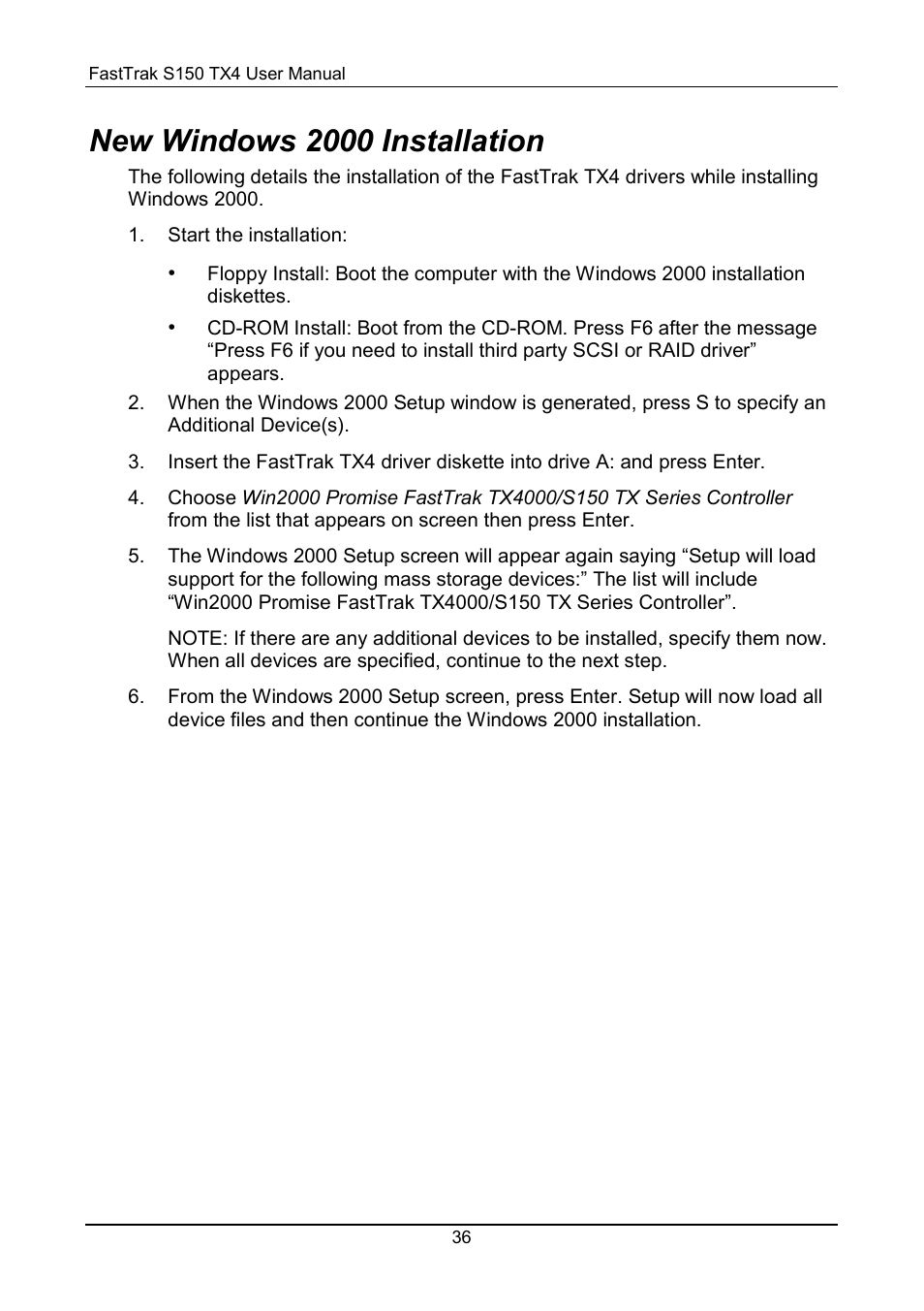 Windows 2000, New windows 2000 installation | Promise Technology FastTrak S150 User Manual | Page 40 / 74