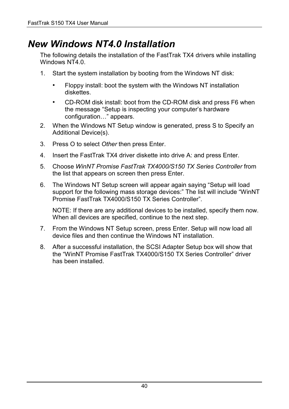 Windows nt4.0, New windows nt4.0 installation | Promise Technology FastTrak S150 User Manual | Page 44 / 74