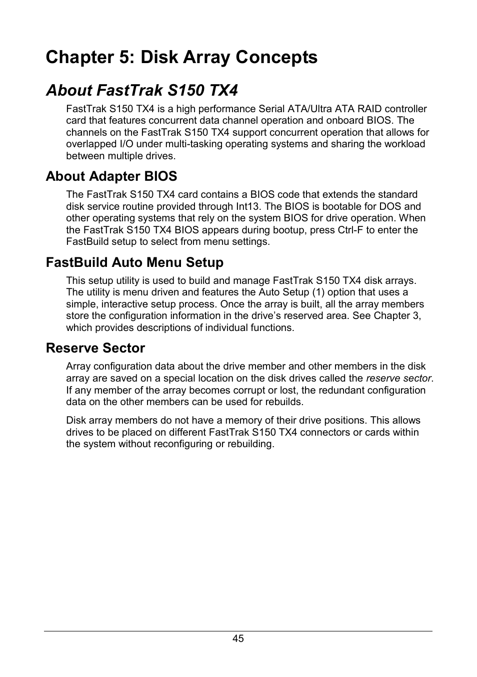 Chapter 5: disk array concepts, Fasttrak s150 tx4, Adapter bios | Fastbuild auto menu, Reserve sector, About fasttrak s150 tx4, About adapter bios, Fastbuild auto menu setup | Promise Technology FastTrak S150 User Manual | Page 49 / 74