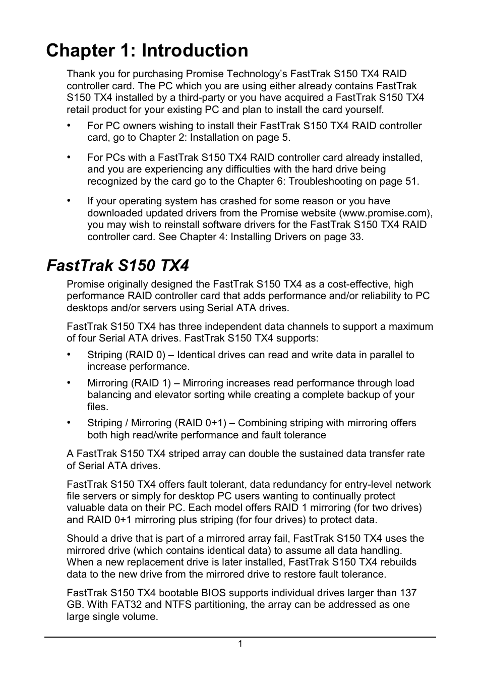 Chapter 1: introduction, Fasttrak s150 tx4 | Promise Technology FastTrak S150 User Manual | Page 5 / 74