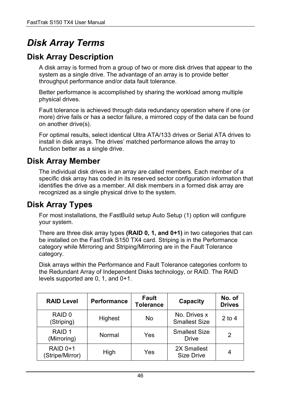 Disk array terms, Description, Member | Types, Disk array description, Disk array member, Disk array types | Promise Technology FastTrak S150 User Manual | Page 50 / 74