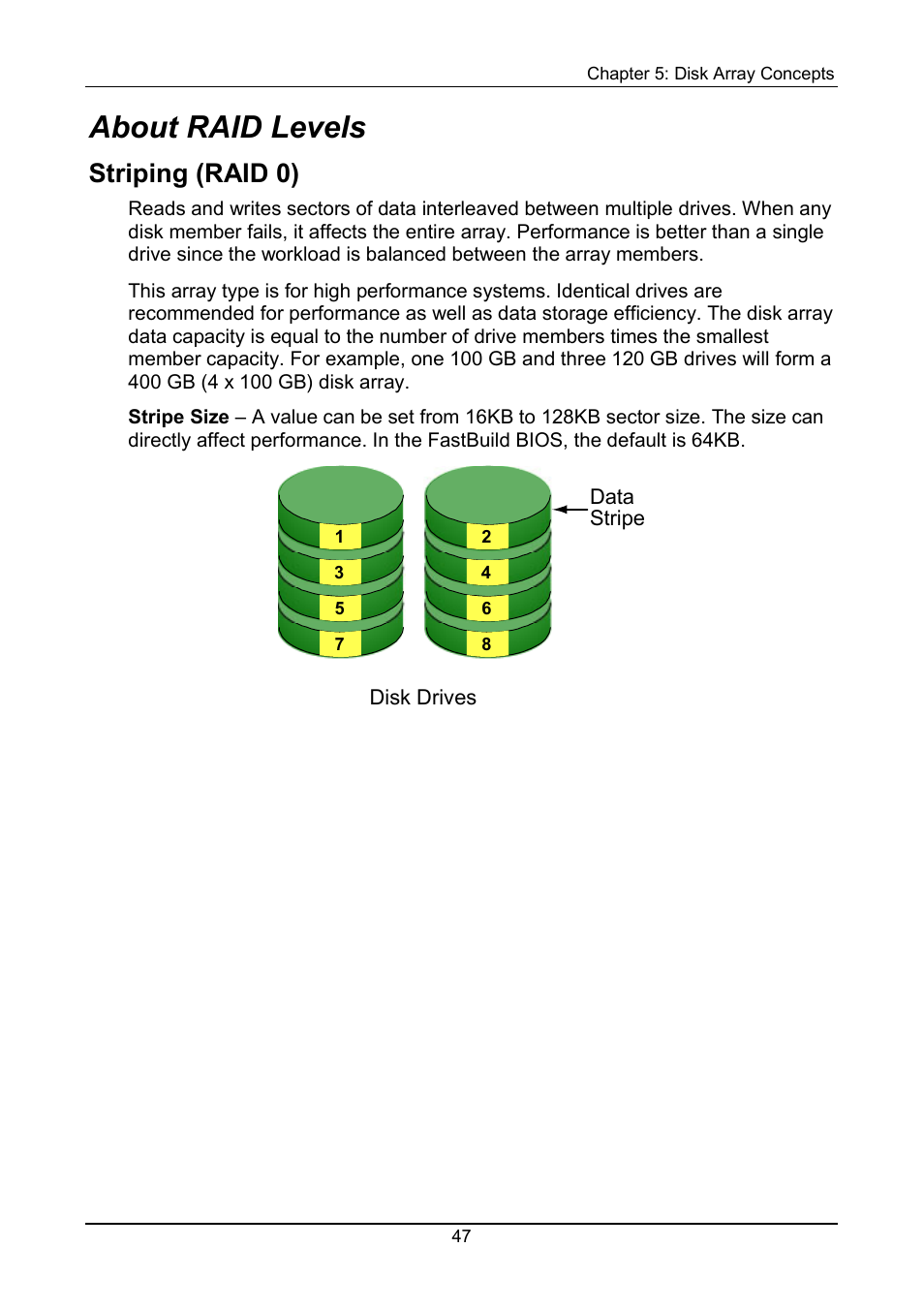 Raid levels, Striping (raid 0), About raid levels | Promise Technology FastTrak S150 User Manual | Page 51 / 74