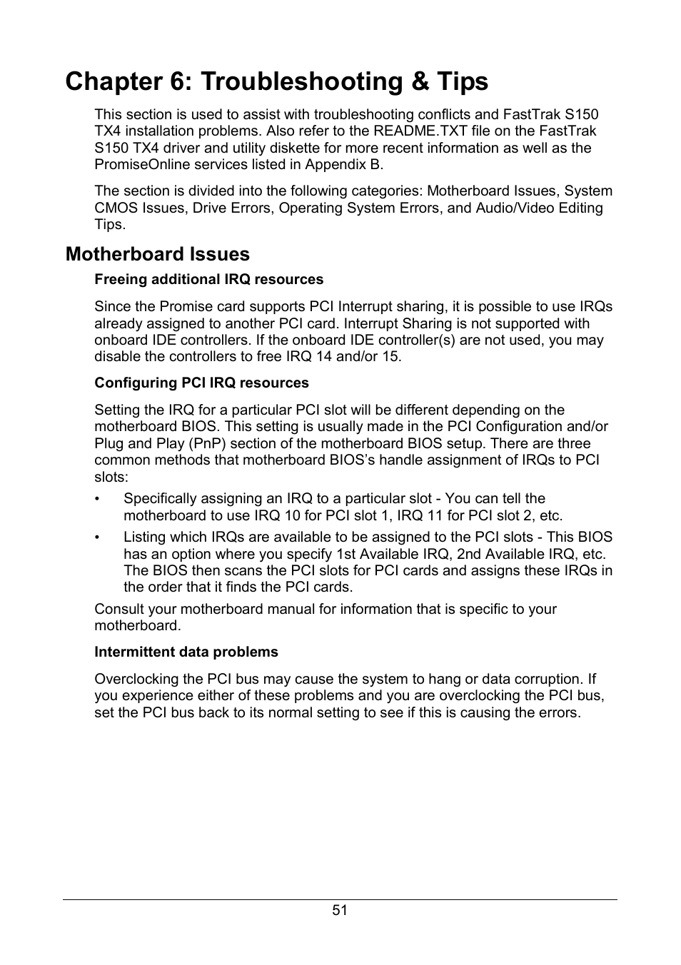 Chapter 6: troubleshooting & tips, Motherboard issues | Promise Technology FastTrak S150 User Manual | Page 55 / 74