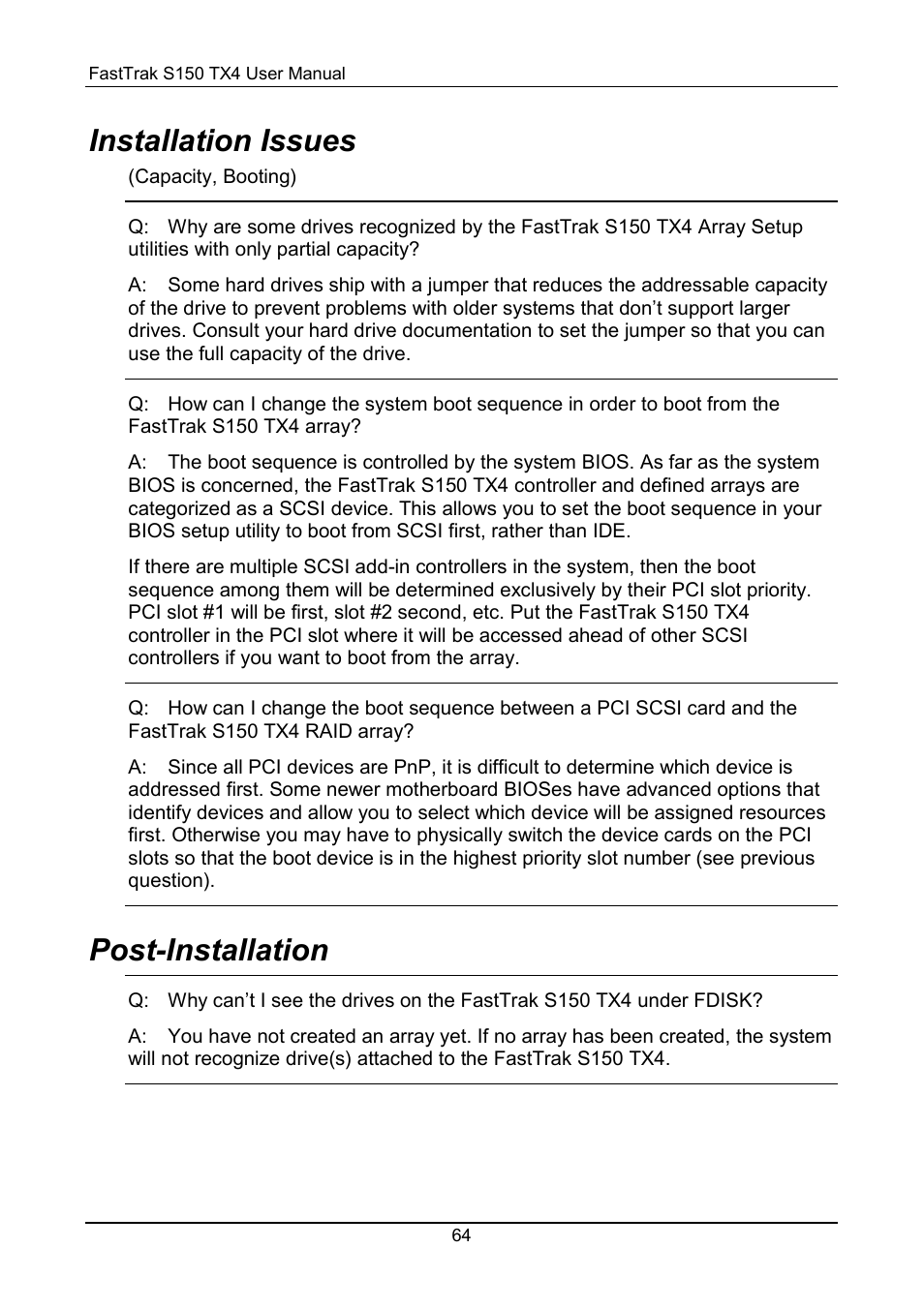 Installation issues, Post-installation | Promise Technology FastTrak S150 User Manual | Page 68 / 74