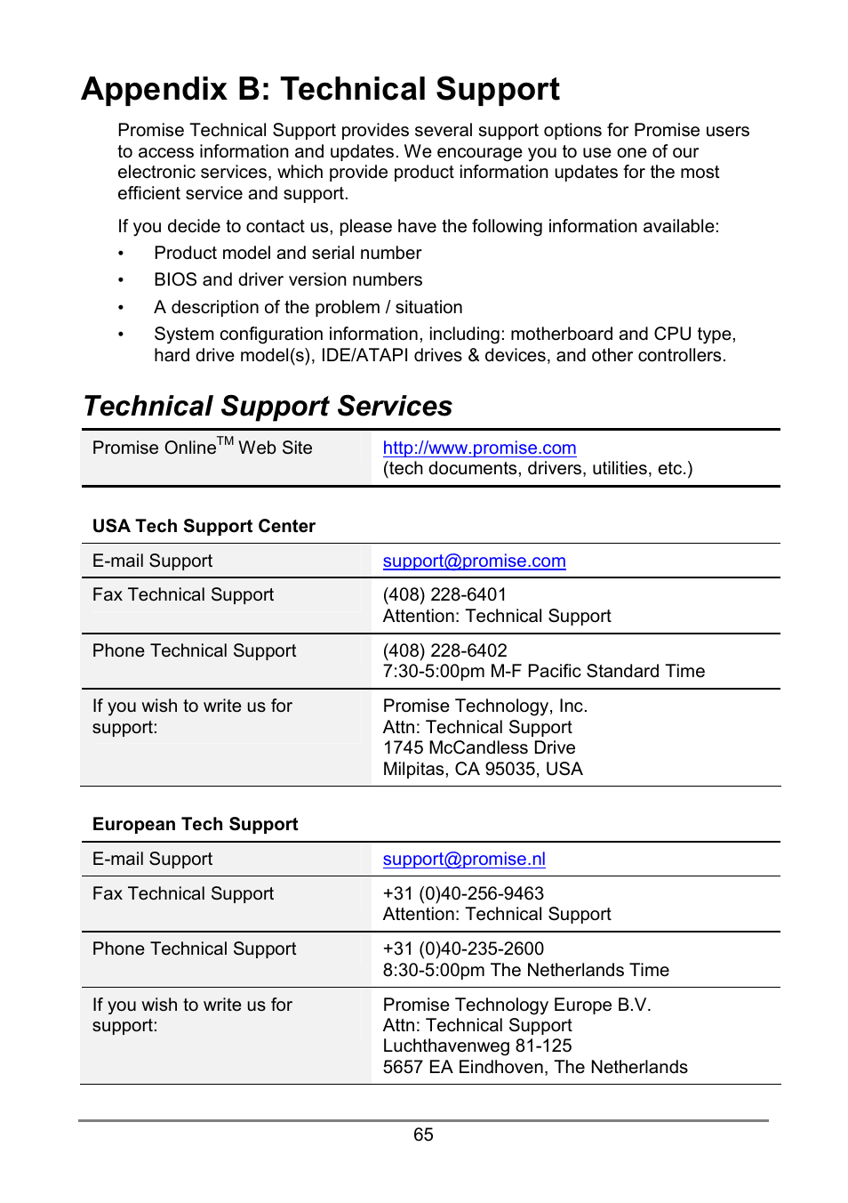 Appendix b: technical support, Services, Technical support services | Promise Technology FastTrak S150 User Manual | Page 69 / 74