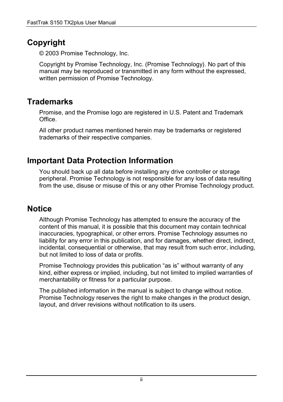 Notices, Copyright, Trademarks | Important data protection information, Notice | Promise Technology 150TX2 User Manual | Page 2 / 82