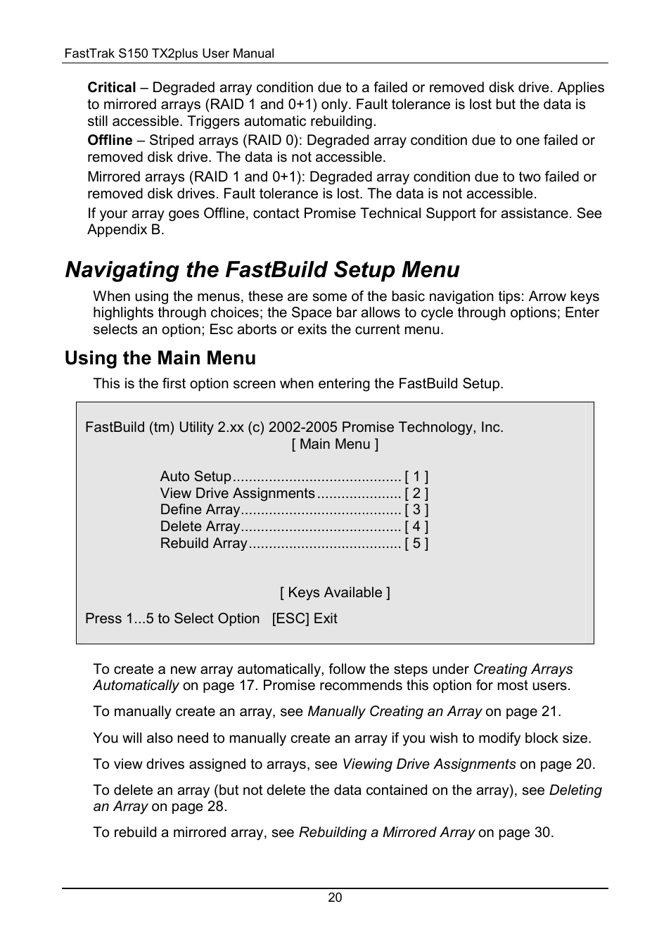 Fastbuild setup menu, Main menu, Navigating the fastbuild setup menu | Using the main menu | Promise Technology 150TX2 User Manual | Page 24 / 82