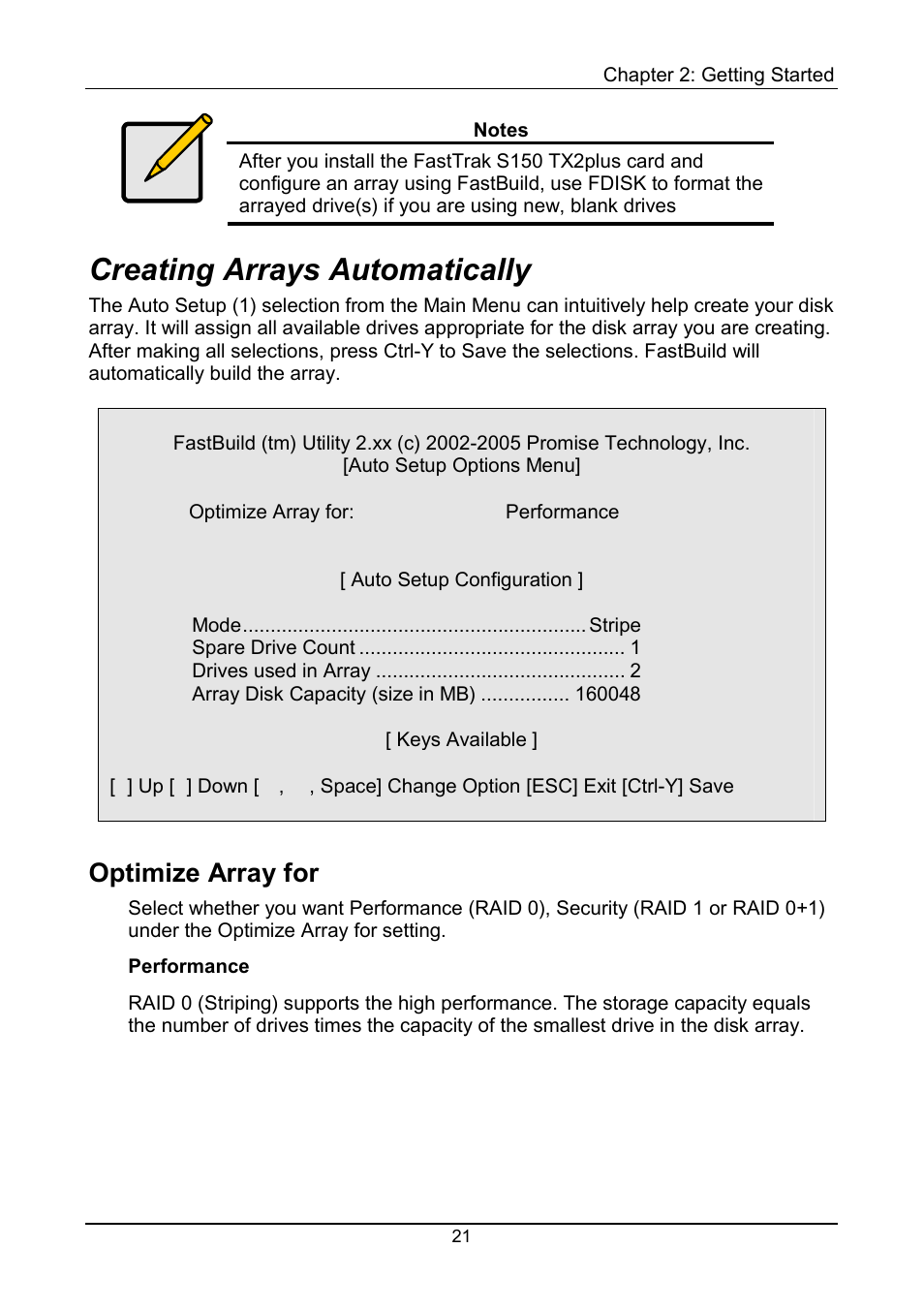 Creating arrays automatically, Performance, Optimize array for | Promise Technology 150TX2 User Manual | Page 25 / 82