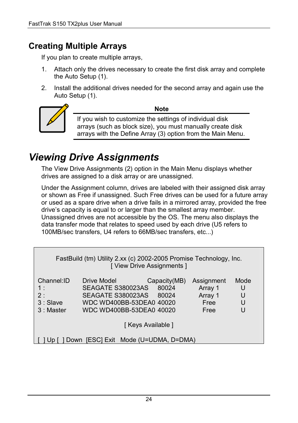 Multiple arrays, Viewing drive assignments, Creating multiple arrays | Promise Technology 150TX2 User Manual | Page 28 / 82