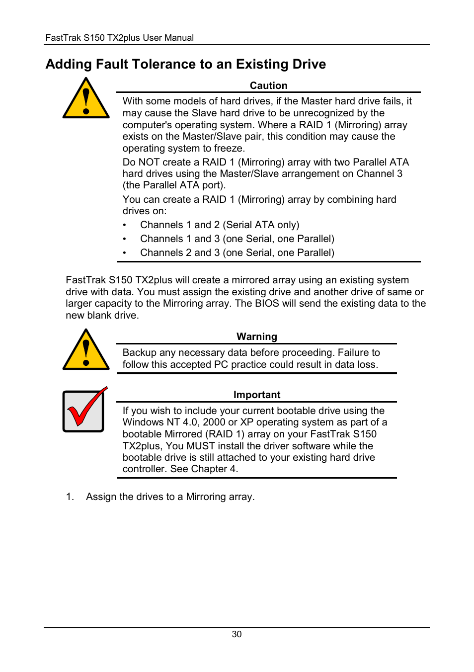 Adding fault tolerance to an existing drive | Promise Technology 150TX2 User Manual | Page 34 / 82