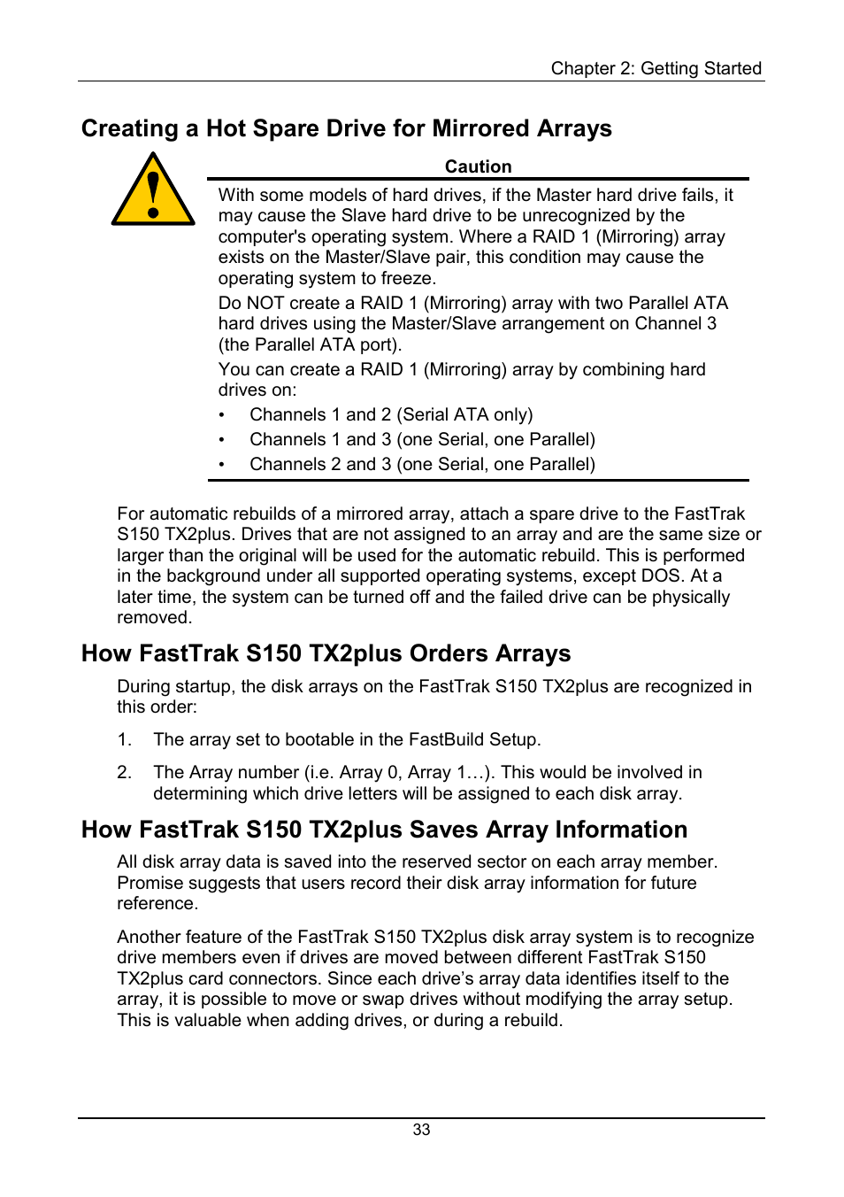 Hot spare drive, How fasttrak orders arrays, How fasttrak saves array information | Creating a hot spare drive for mirrored arrays, How fasttrak s150 tx2plus orders arrays, How fasttrak s150 tx2plus saves array information | Promise Technology 150TX2 User Manual | Page 37 / 82