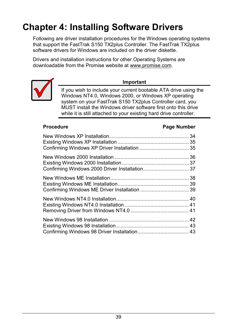 Chapter 4: installing software drivers, Non-windows drivers | Promise Technology 150TX2 User Manual | Page 43 / 82