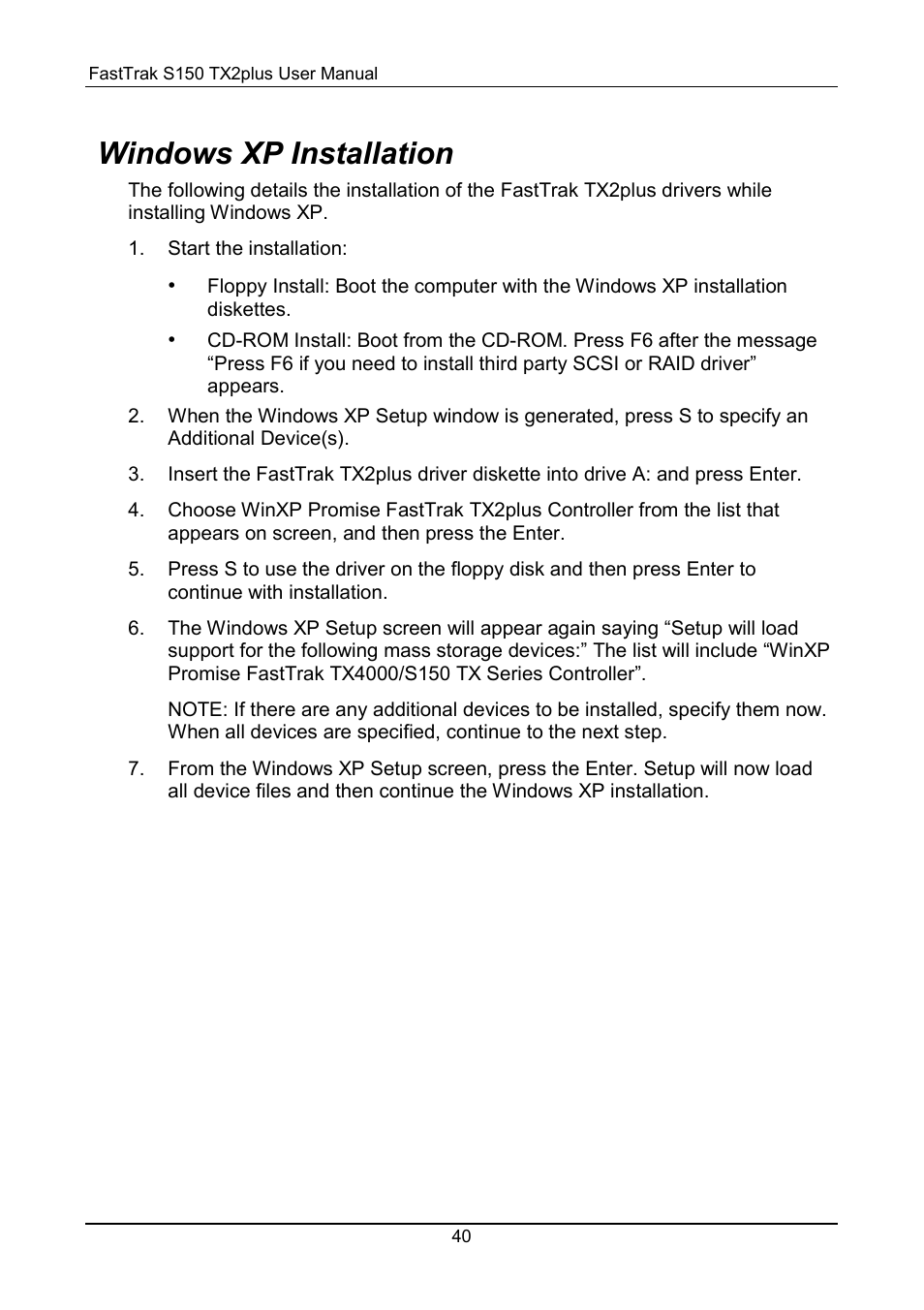 Windows xp, Windows xp installation | Promise Technology 150TX2 User Manual | Page 44 / 82