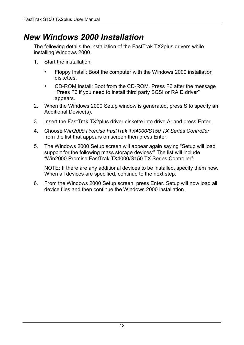 Windows 2000, New windows 2000 installation | Promise Technology 150TX2 User Manual | Page 46 / 82