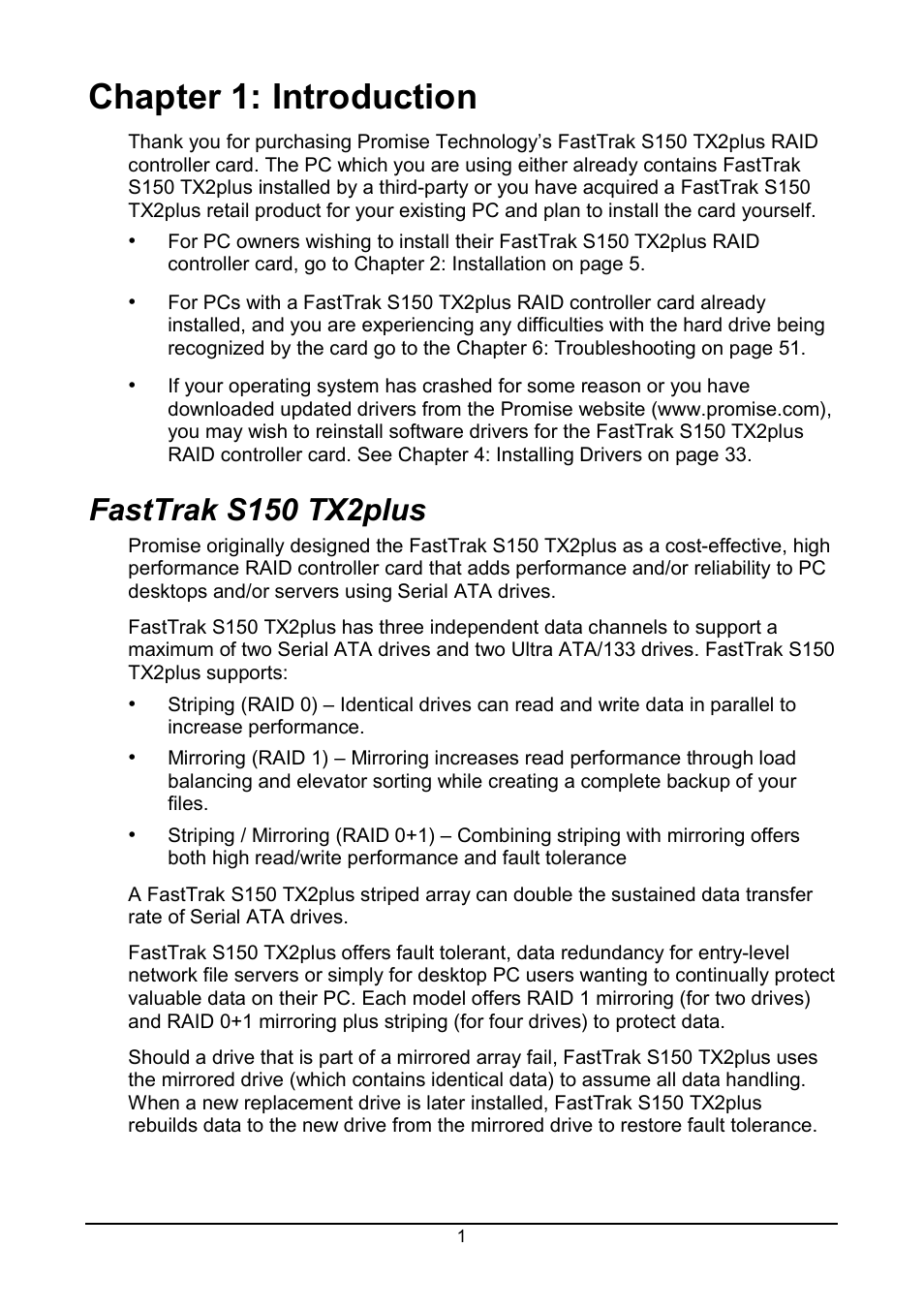 Chapter 1: introduction, Fasttrak s150 tx2plus | Promise Technology 150TX2 User Manual | Page 5 / 82