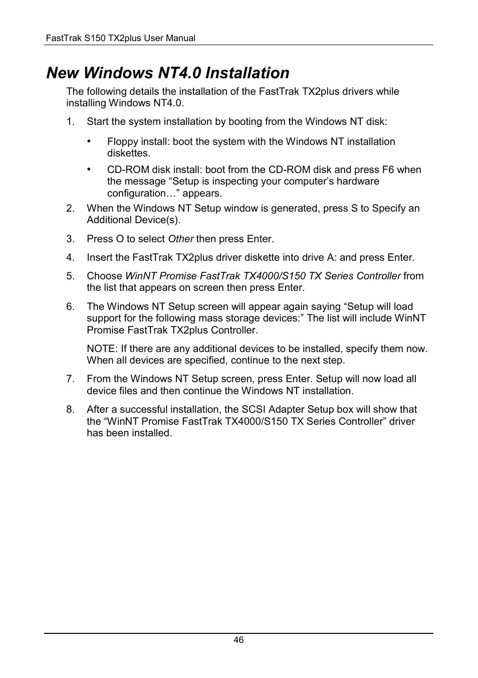 Windows nt4.0, New windows nt4.0 installation | Promise Technology 150TX2 User Manual | Page 50 / 82