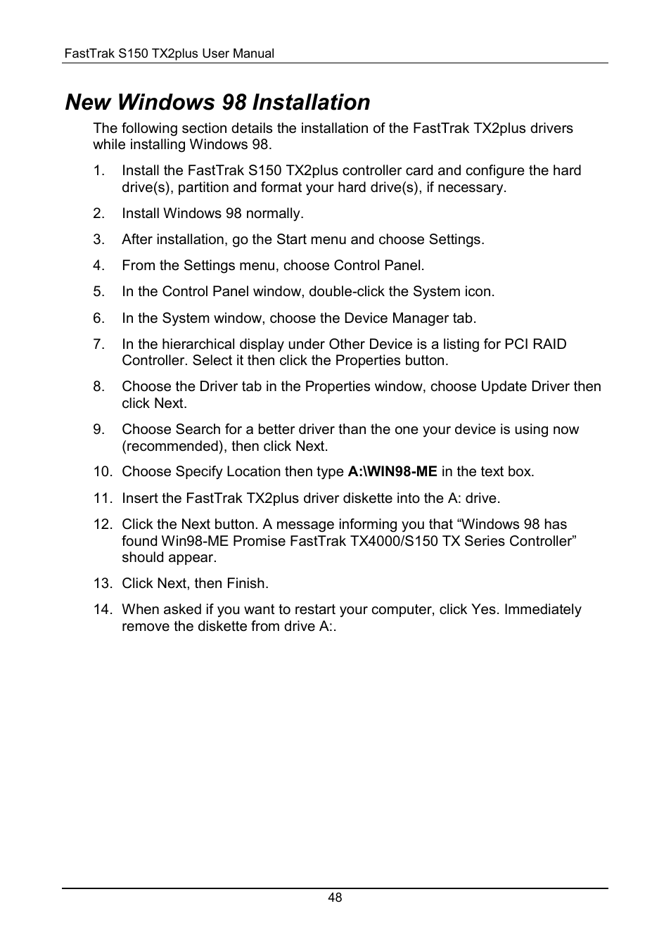 Windows 98, New windows 98 installation | Promise Technology 150TX2 User Manual | Page 52 / 82