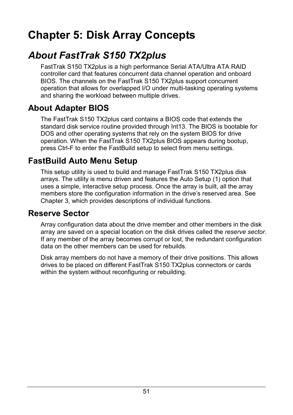 Chapter 5: disk array concepts, Fasttrak s150 tx2plus, Adapter bios | Fastbuild auto menu setup, Reserve sector, About fasttrak s150 tx2plus, About adapter bios | Promise Technology 150TX2 User Manual | Page 55 / 82