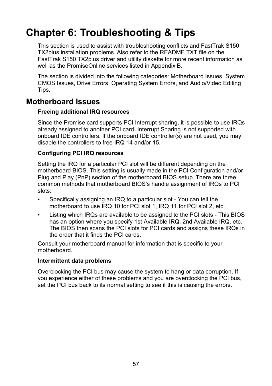 Chapter 6: troubleshooting & tips, Motherboard issues | Promise Technology 150TX2 User Manual | Page 61 / 82