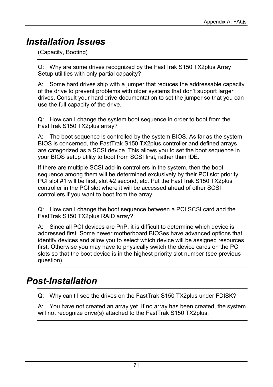 Installation issues, Post-installation | Promise Technology 150TX2 User Manual | Page 75 / 82