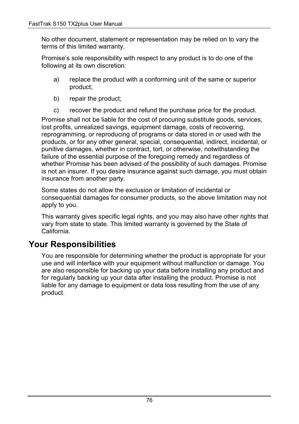 Your responsibilities | Promise Technology 150TX2 User Manual | Page 80 / 82
