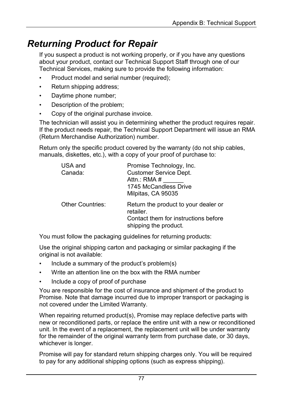 Returning product for repair | Promise Technology 150TX2 User Manual | Page 81 / 82