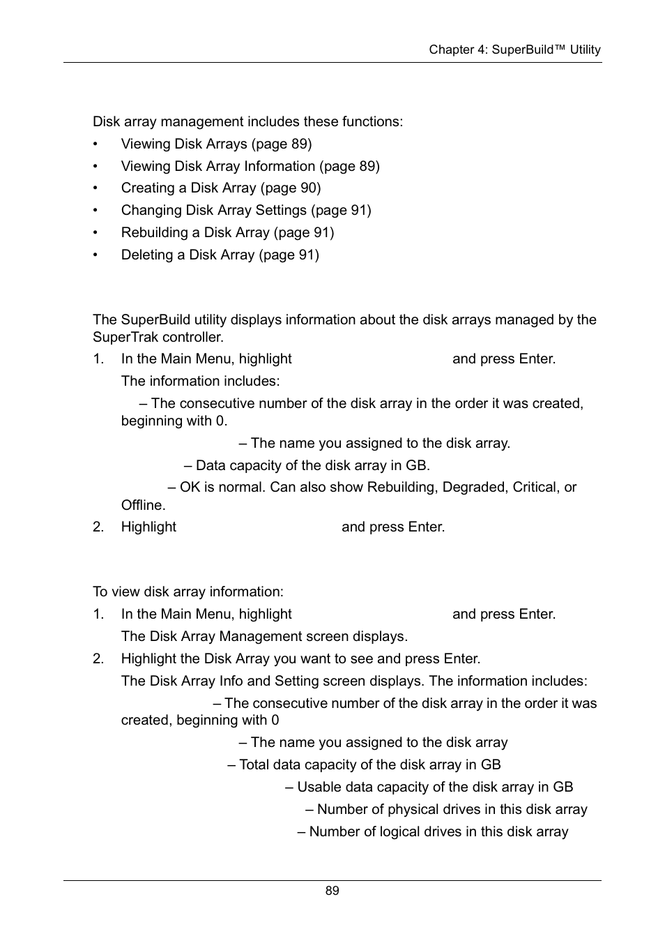 Managing disk arrays, Viewing disk arrays, Viewing disk array information | Viewing disk arrays viewing disk array information | Promise Technology Network Device EX8654 User Manual | Page 103 / 318