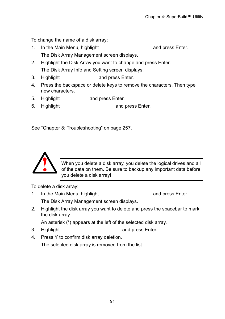 Changing disk array settings, Rebuilding a disk array, Deleting a disk array | Promise Technology Network Device EX8654 User Manual | Page 105 / 318