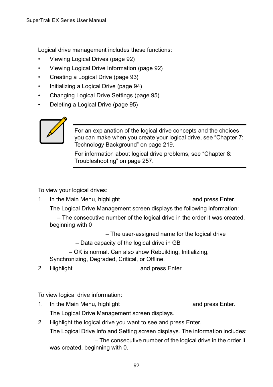 Managing logical drives, Viewing logical drives, Viewing logical drive information | Promise Technology Network Device EX8654 User Manual | Page 106 / 318