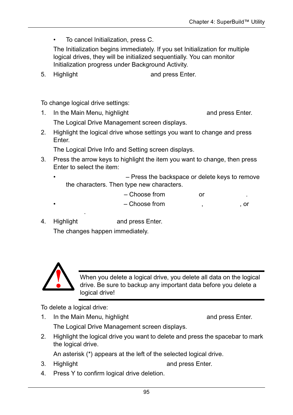 Changing logical drive settings, Deleting a logical drive | Promise Technology Network Device EX8654 User Manual | Page 109 / 318