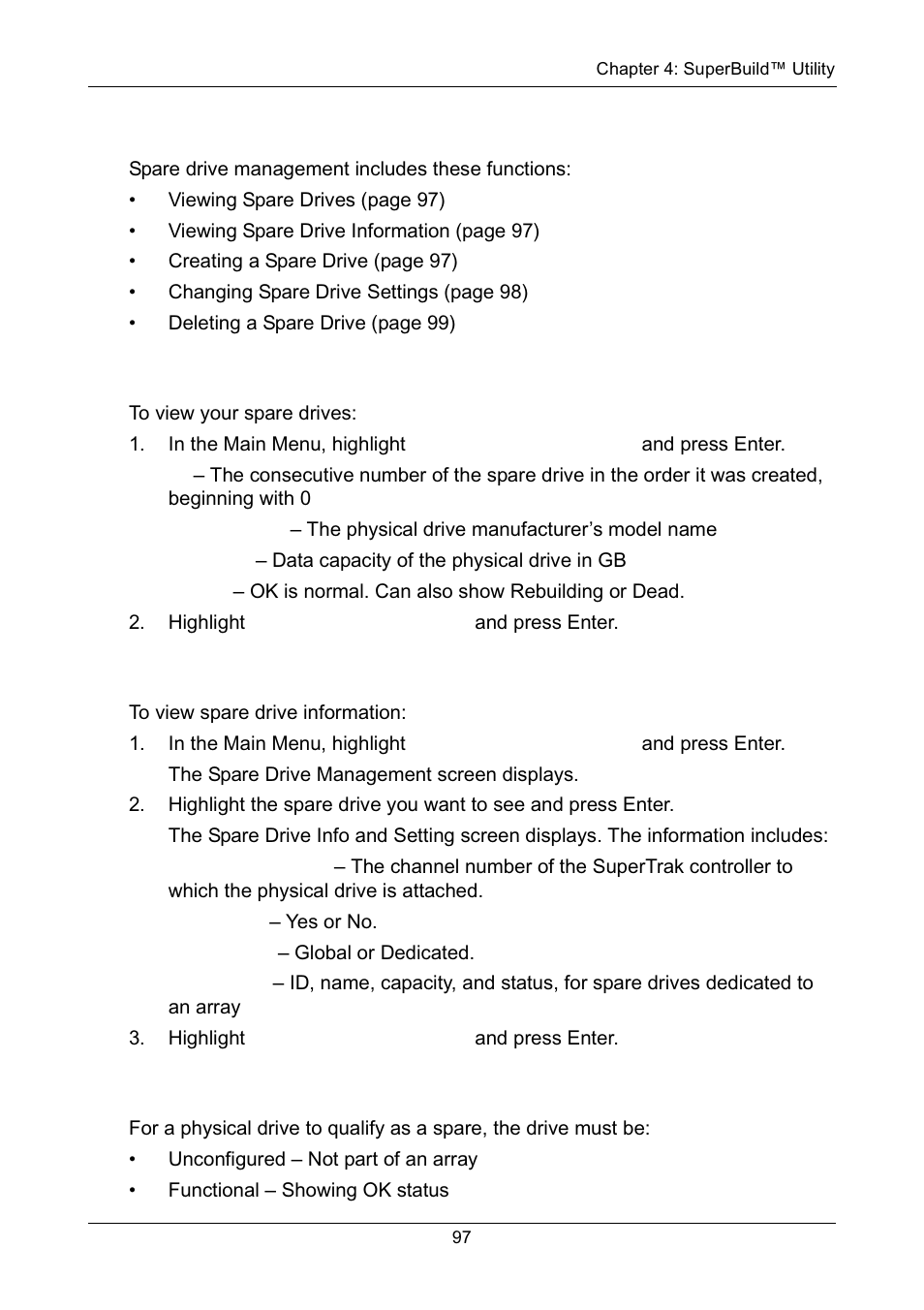 Managing spare drives, Viewing spare drives, Viewing spare drive information | Creating a spare drive | Promise Technology Network Device EX8654 User Manual | Page 111 / 318